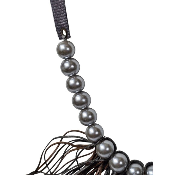 Plunder grey faux pearls leather fringe long Necklace Grunge Retro Art - Picture 2 of 8